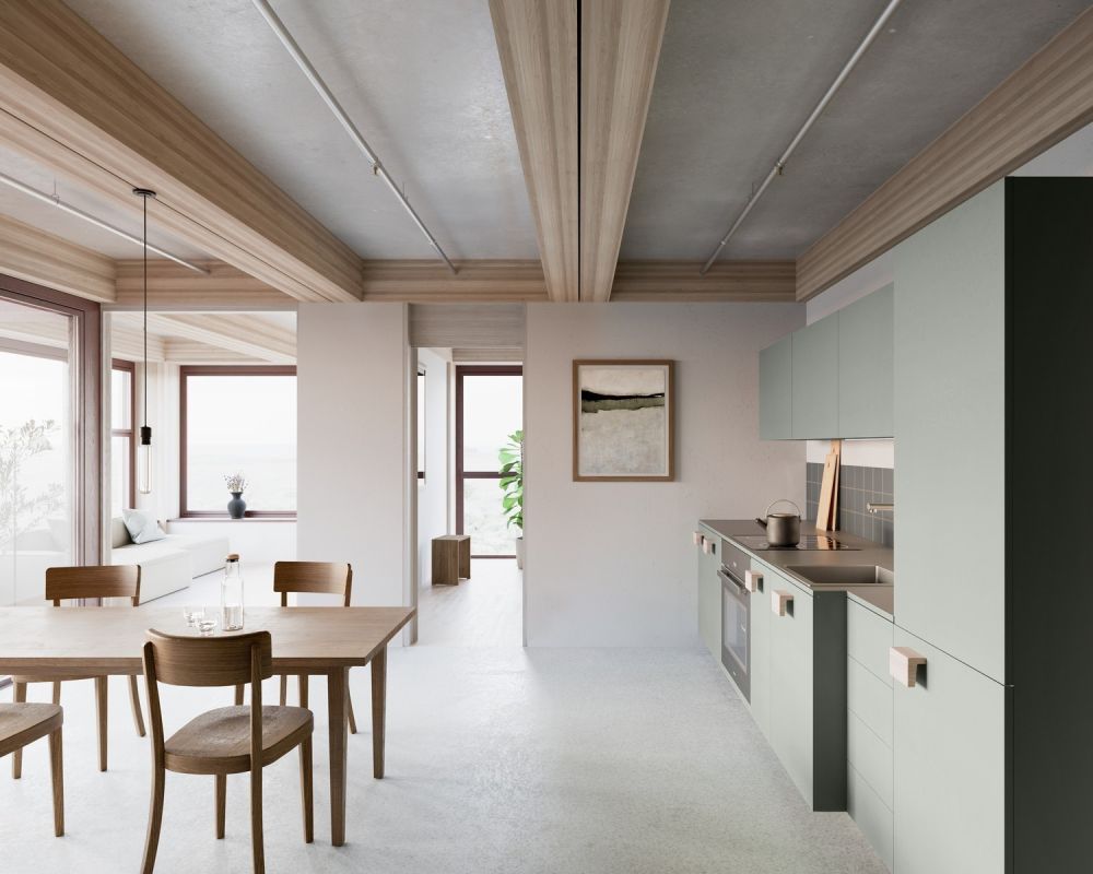 MIETEN OHNE KAUTION - Wohnen mit Weitblick im 17. Stock - Visualisierung Küche, Ausbauvariante Parkett-Anhydrit, Küche in Feldgrau