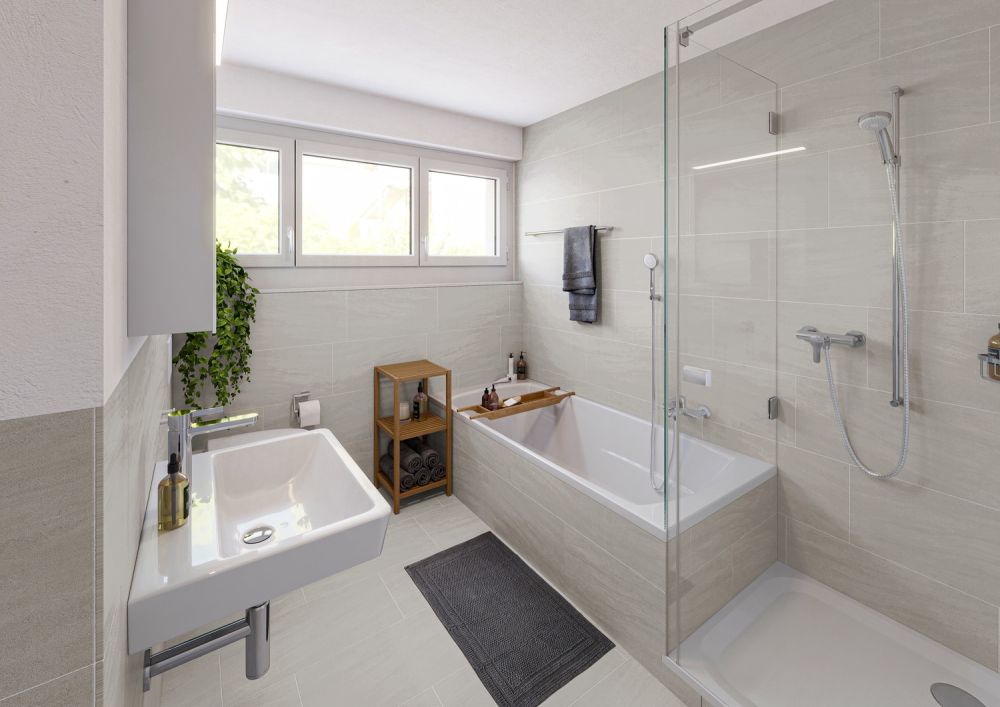 Erstvermietung: moderne 3.5-Zimmerwohnungen nach Sanierung - Visu: Bad 4.5-Zimmerwohnung (keine Dusche bei der 3.5-Zimmerwohnung)