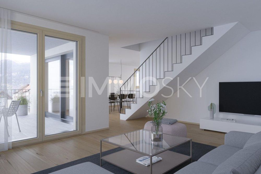 Reserviert! Neubau-Maisonette mit Wohlfühlfaktor - Offener Wohnbereich mit Zugang zum Balkon (Visualisierung)