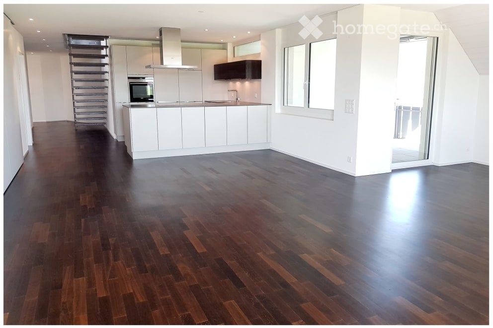 Sehr grosse, exklusive Wohnung mit modernem Einfamilienhaus-Charakter - Grosser, offener Ess- Wohnbereich mit Zugang zu gedeckter Lodgia und Balkon