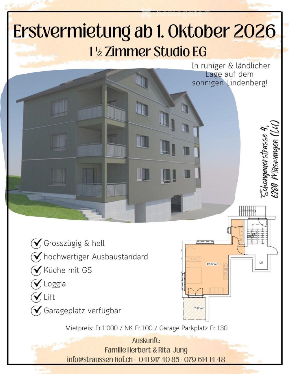 NEU - grosszügiges 1 1/2 - Zimmer-Studio in Müswangen - Bild 1