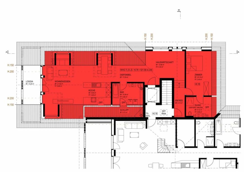 Neubau-Loftwohnung mit Aussicht, Ruhe und Komfort - Grundriss Wohnung rot markiert