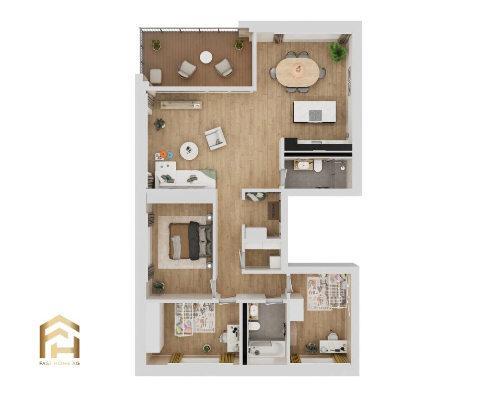 Hochwertige 4.5 Zimmerwohnung im 2. OG in Ried-Brig - 3D Plan - Die Einrichtung ist ein Anschauungsbeispiel und entspricht nicht dem Original