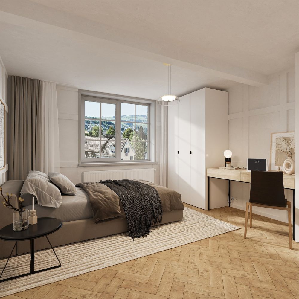 Erstvermietung: Hochwertige 3.5-Zimmerwohnung zu vermieten - Poststrasse_Schlafzimmer.jpg