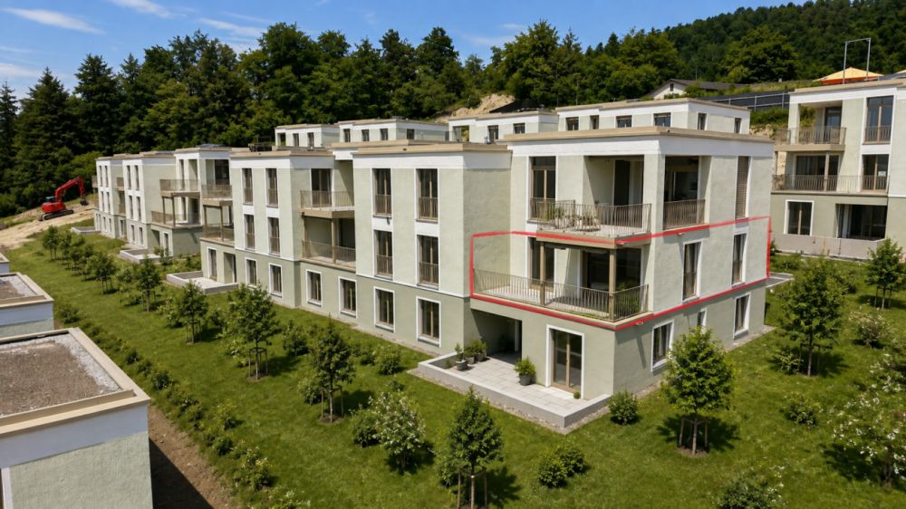 TILIA | Wohnen mit 180° Seesicht - 3.5-Zimmer mit 111 m2 NWF - Bezugsbereit ab 5. Oktober 2026 - Situation Wohnung Haus D (Umgebung mit KI generiert, da noch im Bau)