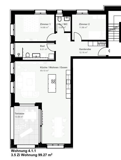 moderne 3.5-Zimmerwohnung im Zentrum von Münchwilen - Grundriss