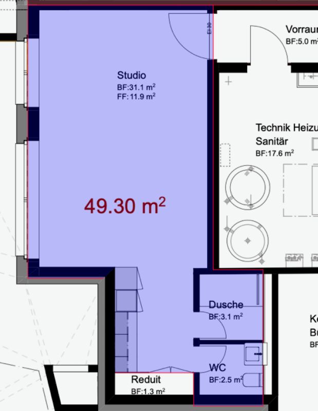 grosszügige, loftmässige 1.5-Zimmerwohnung - Grundrissplan
