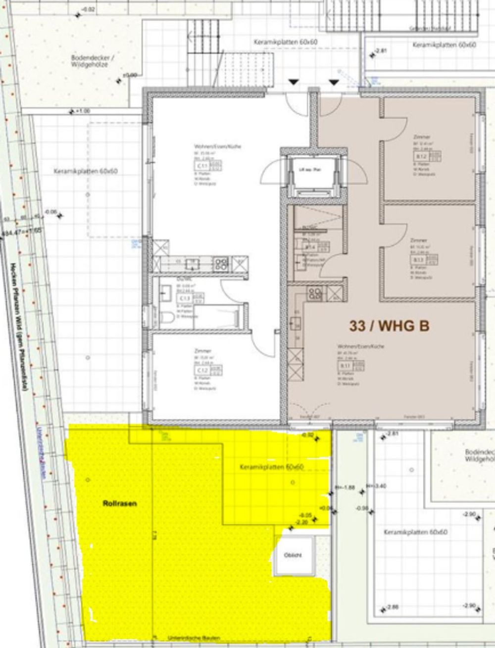 NEUBAU AN TOPLAGE MIT GROSSZÜGIGEM SITZPLATZ (88 M²) SOWIE EIGENER WASCHKÜCHE UND KELLER (23 M²) DIE WOHNUNG KANN AUF WUNSCH AUCH MÖBLIERT GEMIETET WERDEN. - Grundriss