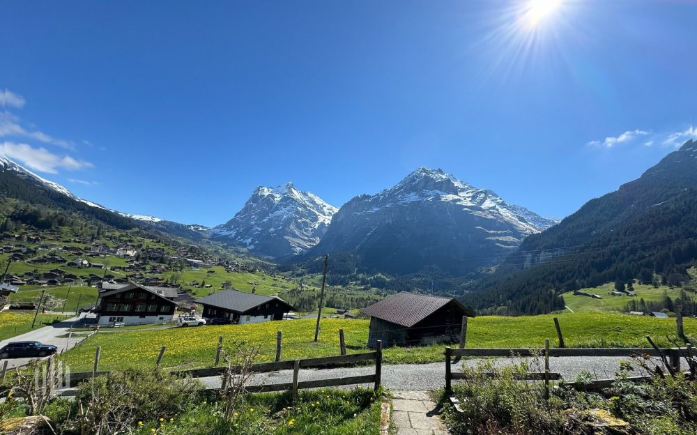 ImmoWyss -  Alleinstehendes (Ferien-) Chalet unter der Eigernordwand - Sicht ins Dorf und zum Wetter- und Schreckhorn