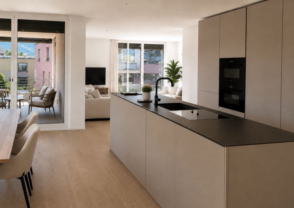 Exklusive 3.5-Zimmer-Wohnung im Erstbezug mit traumhaftem Rigi-Panorama - Edle Küche mit Miele-Geräten im Farbton Greige