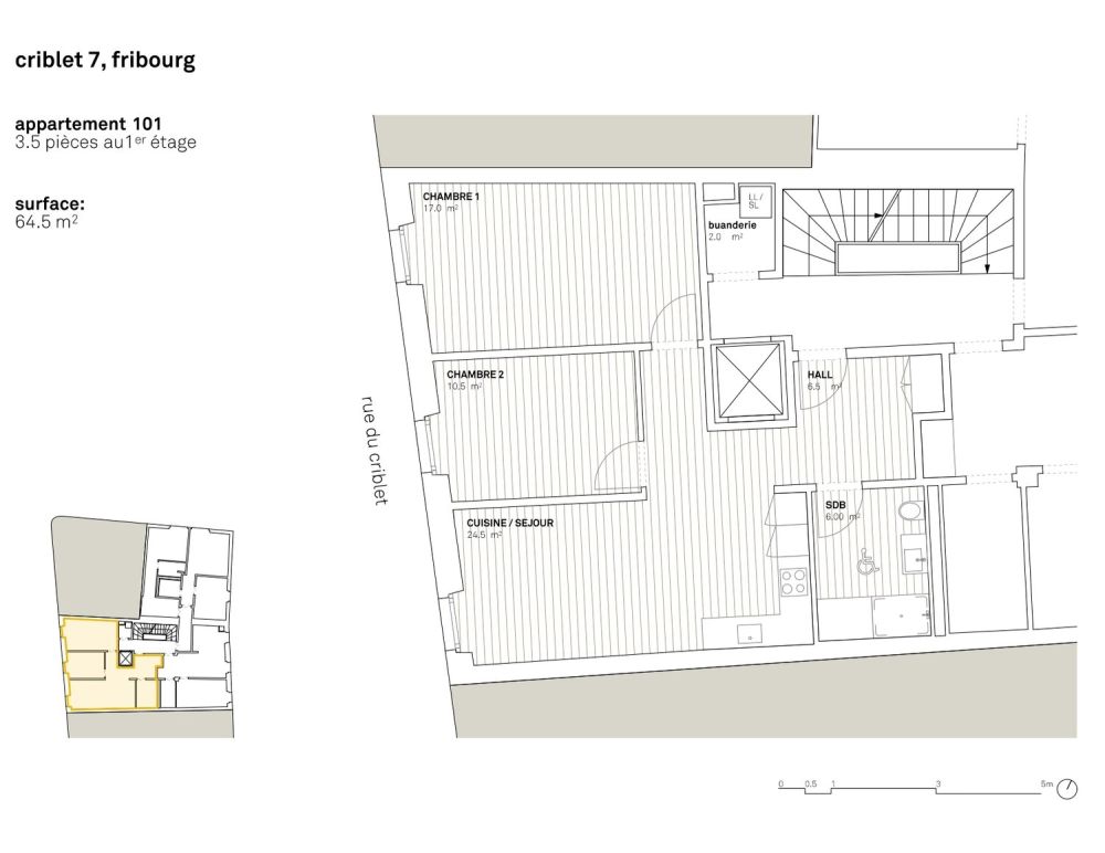 FRIBOURG - RUE DU CRIBLET 7 :  APPARTEMENT 3.5 PIECES AU 3EME ETAGE - Plan type