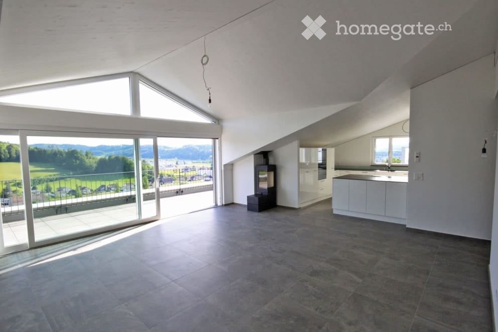 Luxuriöse 3,5 Zimmer Attika-Wohnung in 3-Familienhaus an sonniger Südhanglage - Wohnzimmer mit Blick in die Küche