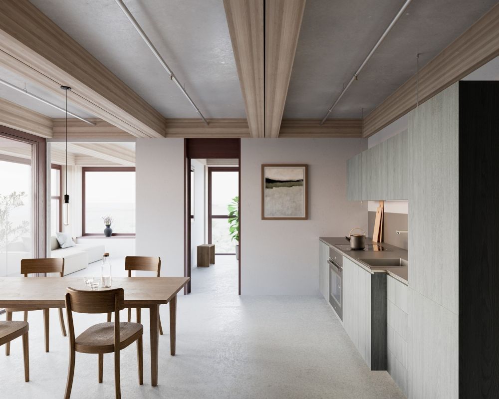 MIETEN OHNE KAUTION - Wohnen mit Weitblick im 17. Stock - Visualisierung Küche, Ausbauvariante Anhydrit, Küche in Grüngrau