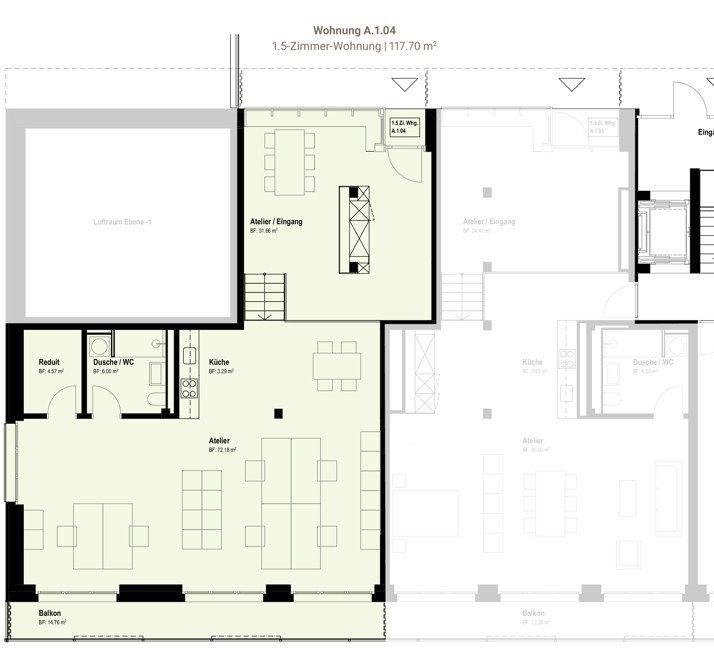 Wohn-Ateliers für kreative Wohn- & Arbeitskonzepte - Erstvermietung - Grundriss A.1.04 (Visualisierung Kosmetik)