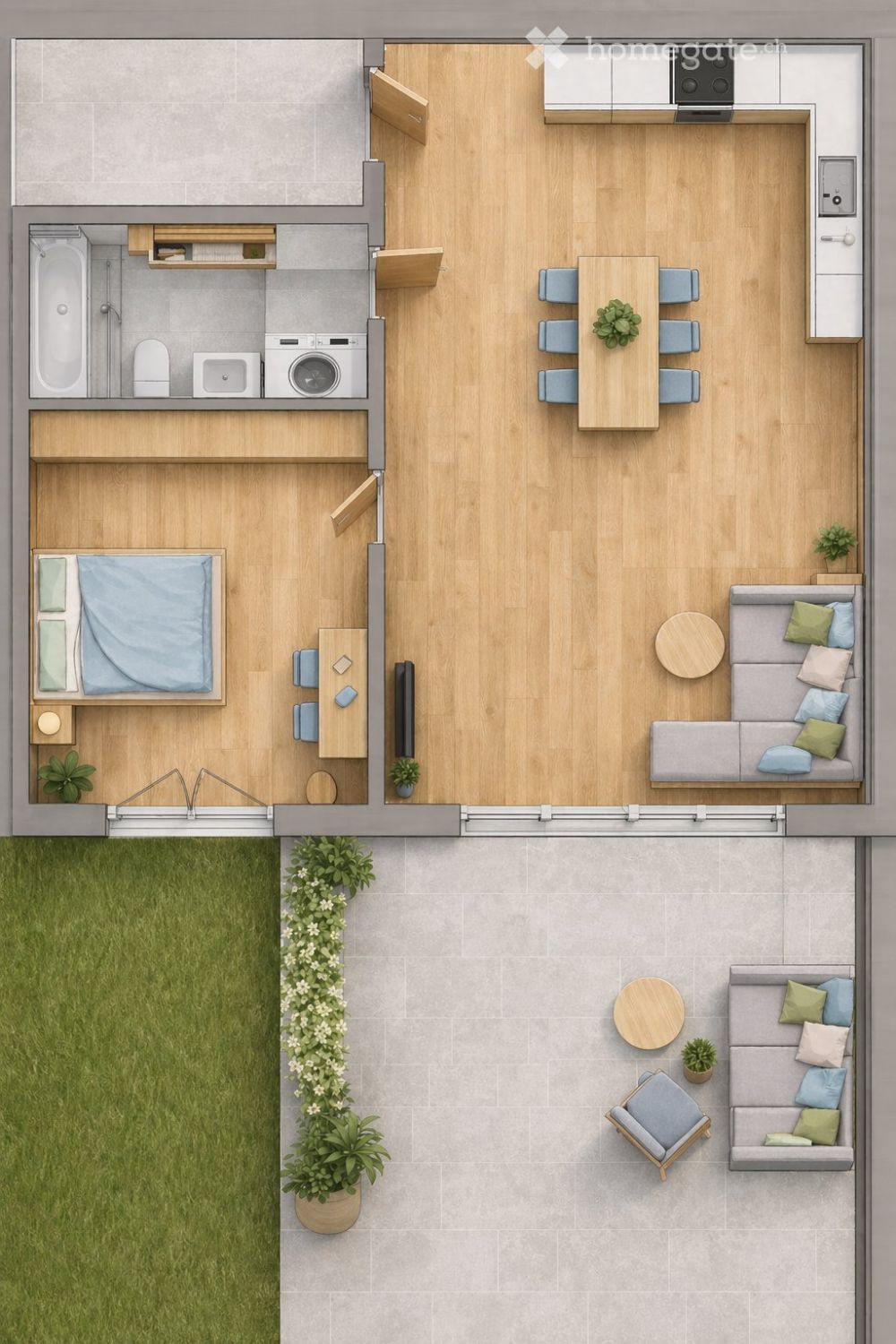 Erstbezug: 2-Zimmer-Wohnung mit Eichenparkett und Sitzplatz - Bild 2