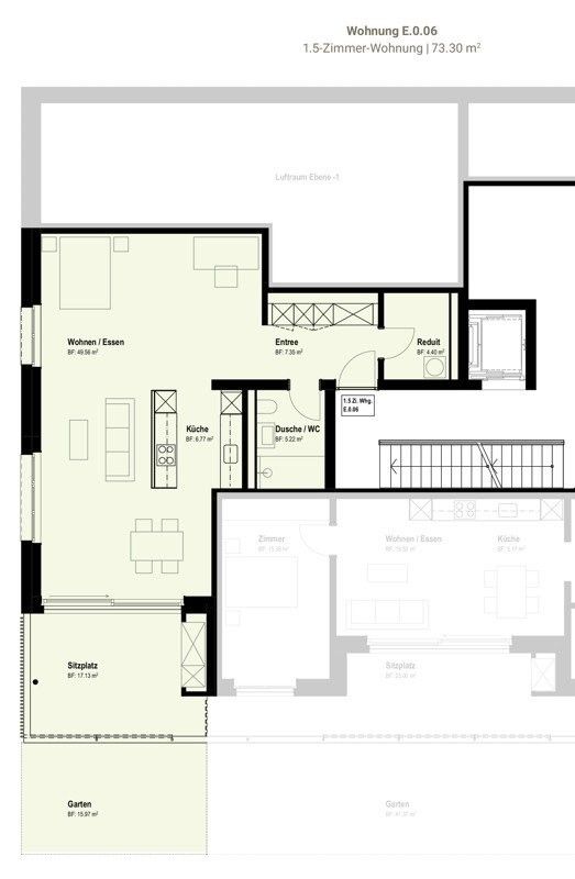 Neu & Zentral - grosse 1.5-Zimmerwohnung mit Gartensitzplatz - Grundriss E.0.06