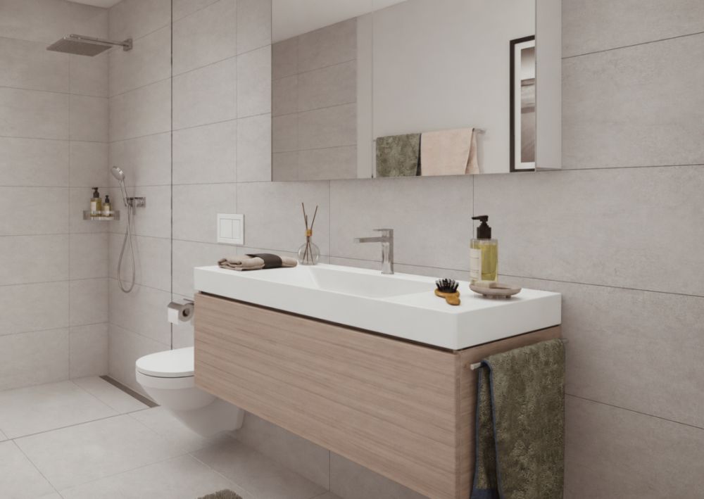Neubau - 2.5-Zimmer-Attikawohnung mit spektakulärer See- und Alpensicht - Tageslicht-Badezimmer mit Dusche, Lavabo und WC