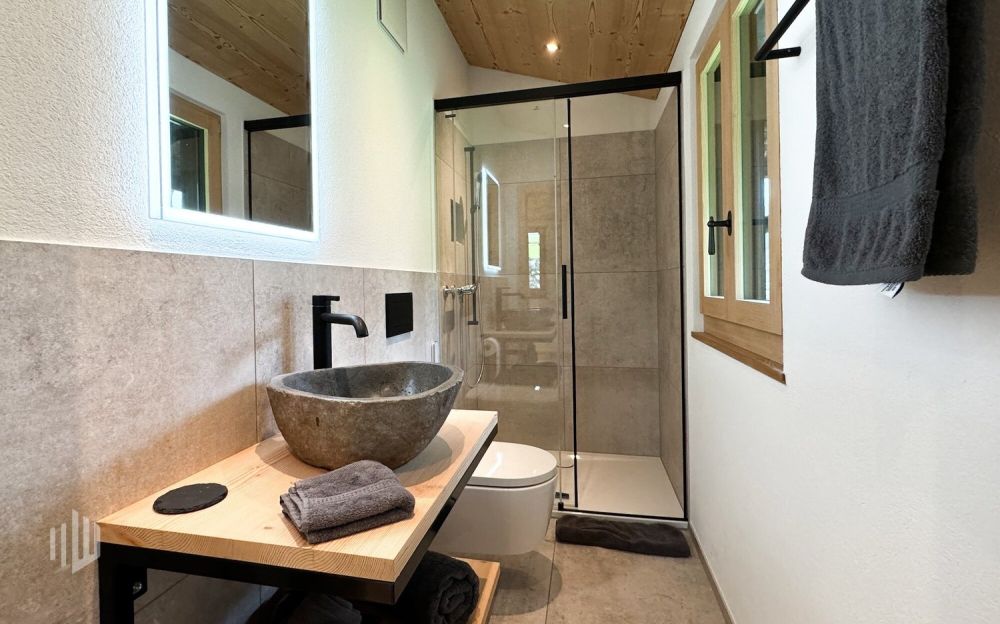 ImmoWyss -  Alleinstehendes (Ferien-) Chalet unter der Eigernordwand - Badezimmer mit Schiebetüre, Dusche, Dusch-WC