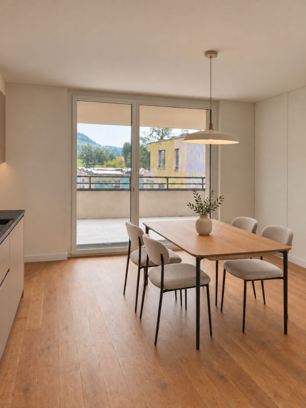 Traumhafte 3.5-Zimmer-Wohnung mit Rigiblick im Erstbezug - Offener und heller Essbereich mit Zugang zur Loggia vom Essbereich