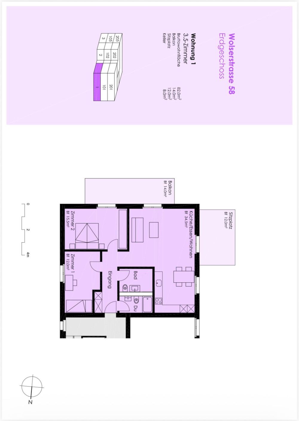 3.5 Zimmerwohnungim EG mit 82m2, Balkon 14 m2 Sitzplatz 12 m2, Richtung Süden - Bild 3