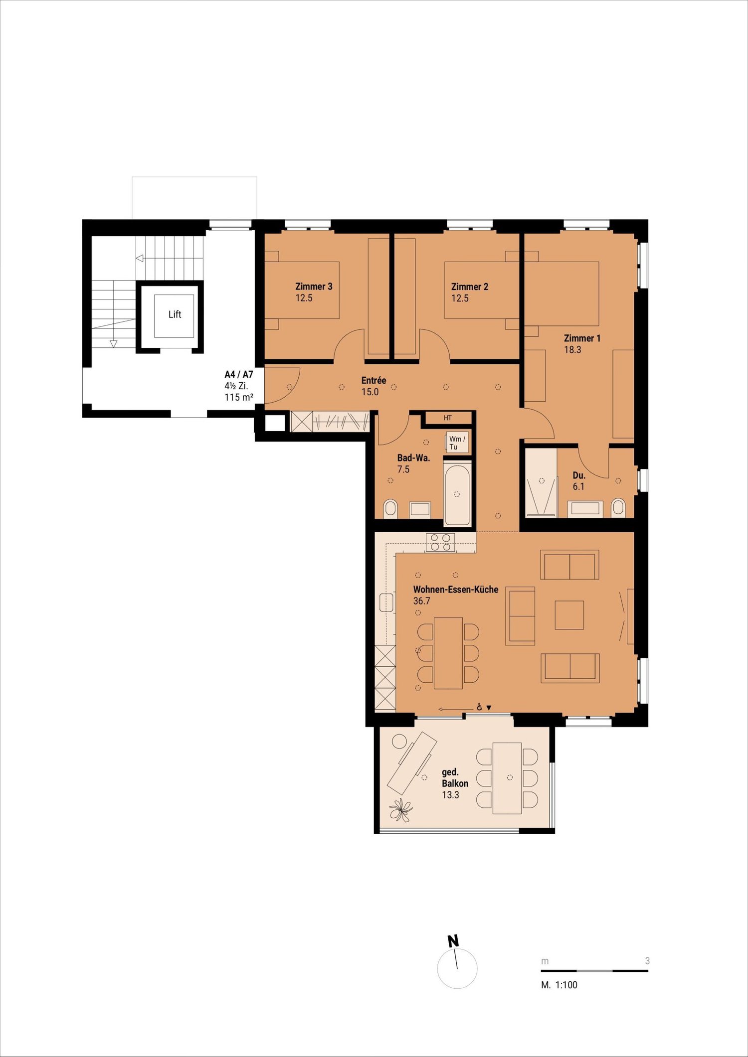 4,5 Zimmerwohnung gleich am Bahnhof Sennhof-Winterthur - Grundrissplan Wohnung A7 Sennhof