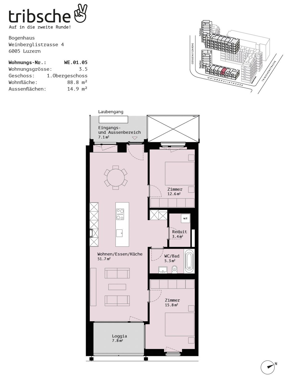WG-Zimmer 12.6 m² in neuer 3.5-Zi-Wohnung, Tribschen Luzern, Erstbezug - Grundriss