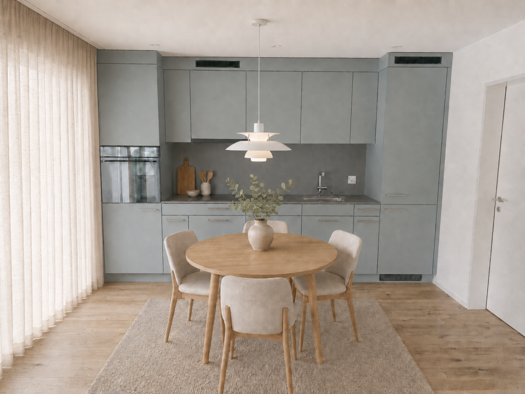Zentrale Lage und 17.8 m² überdachte Terrasse als erweitertes Wohnzimmer - Elegante Küchenzeile, ideal integriert ins offene Wohnen / Essen