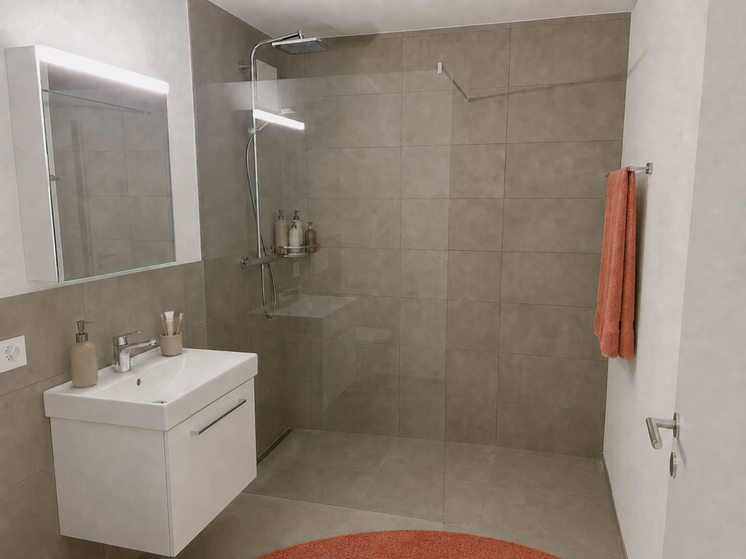 Zentrale Lage und 17.8 m² überdachte Terrasse als erweitertes Wohnzimmer - Bodenebene Dusche, Lavabo, WC