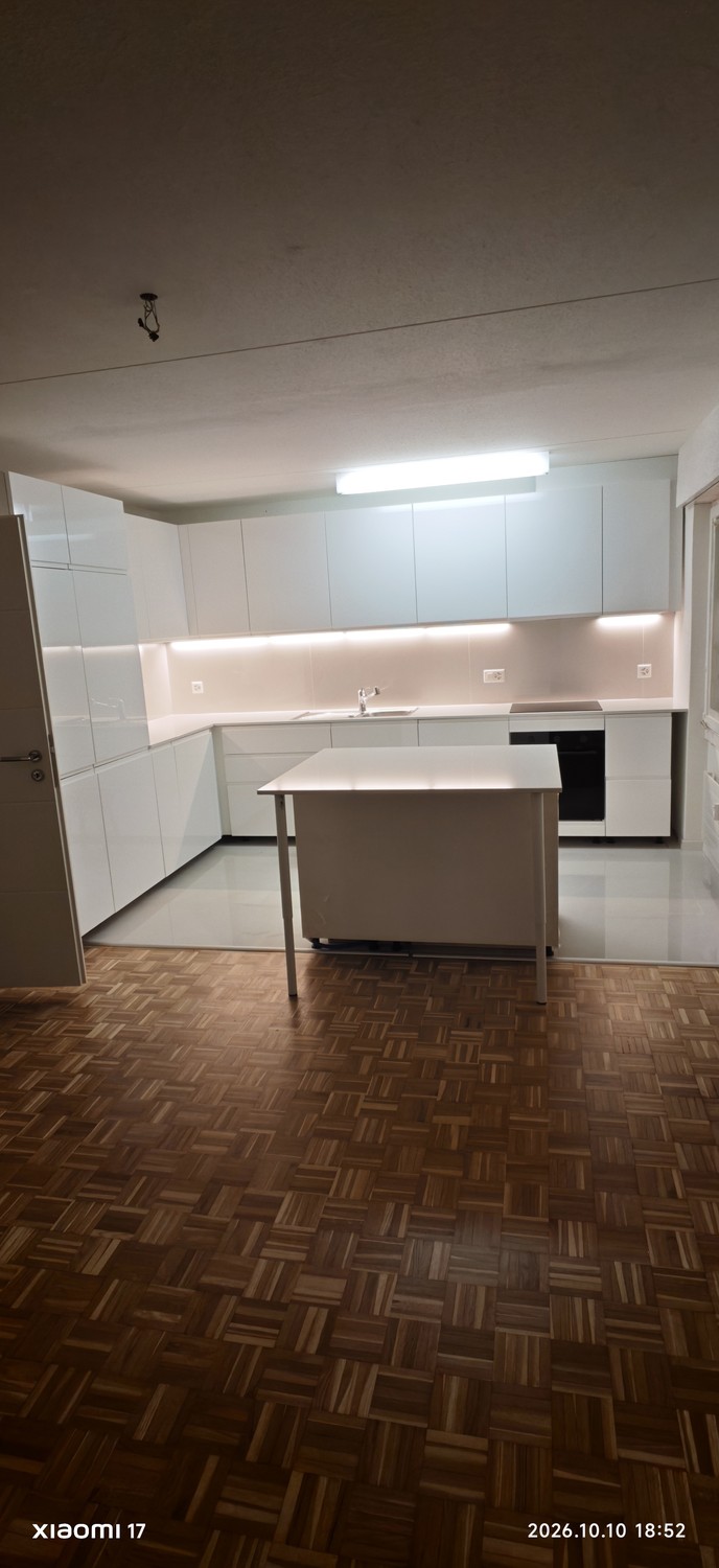 Frisch renovierte 3.5 Zimmer-Wohnung in Altendorf (SZ) - Küche mit Kühlschrank, Tiefkühler, Geschirrspüler, Induktionsherdplatten, Backofen &amp; Insel mit zusätzlichem Stauraum.