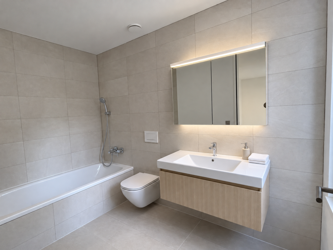 Exklusive 3.5-Zimmer-Gartenwohnung mit grosszügigem 100 m² Privatgarten - Badezimmer en suite mit Dusche, WC und Lavabo