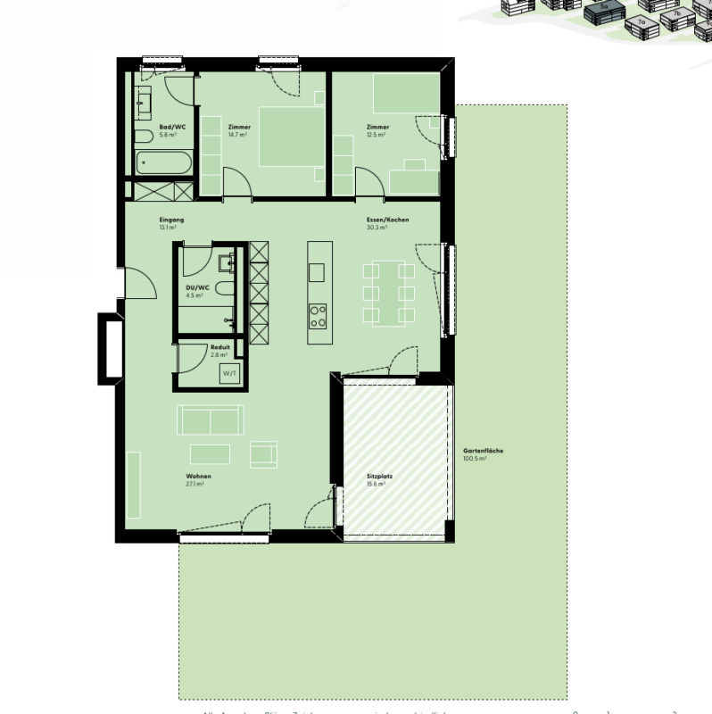 Exklusive 3.5-Zimmer-Gartenwohnung mit grosszügigem 100 m² Privatgarten - Grundriss