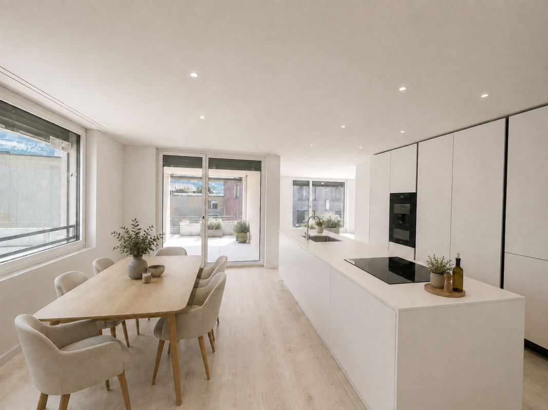 3.5-Zimmer-Gartenwohnung mit 118 m² Wohnkomfort - Erstbezug in Merlischachen - Wohnen-Essen und Küche mit fliessendem Übergang