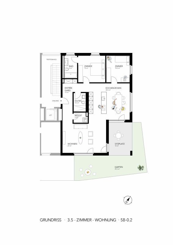 3.5-Zimmer-Gartenwohnung mit 118 m² Wohnkomfort - Erstbezug in Merlischachen - Grundriss
