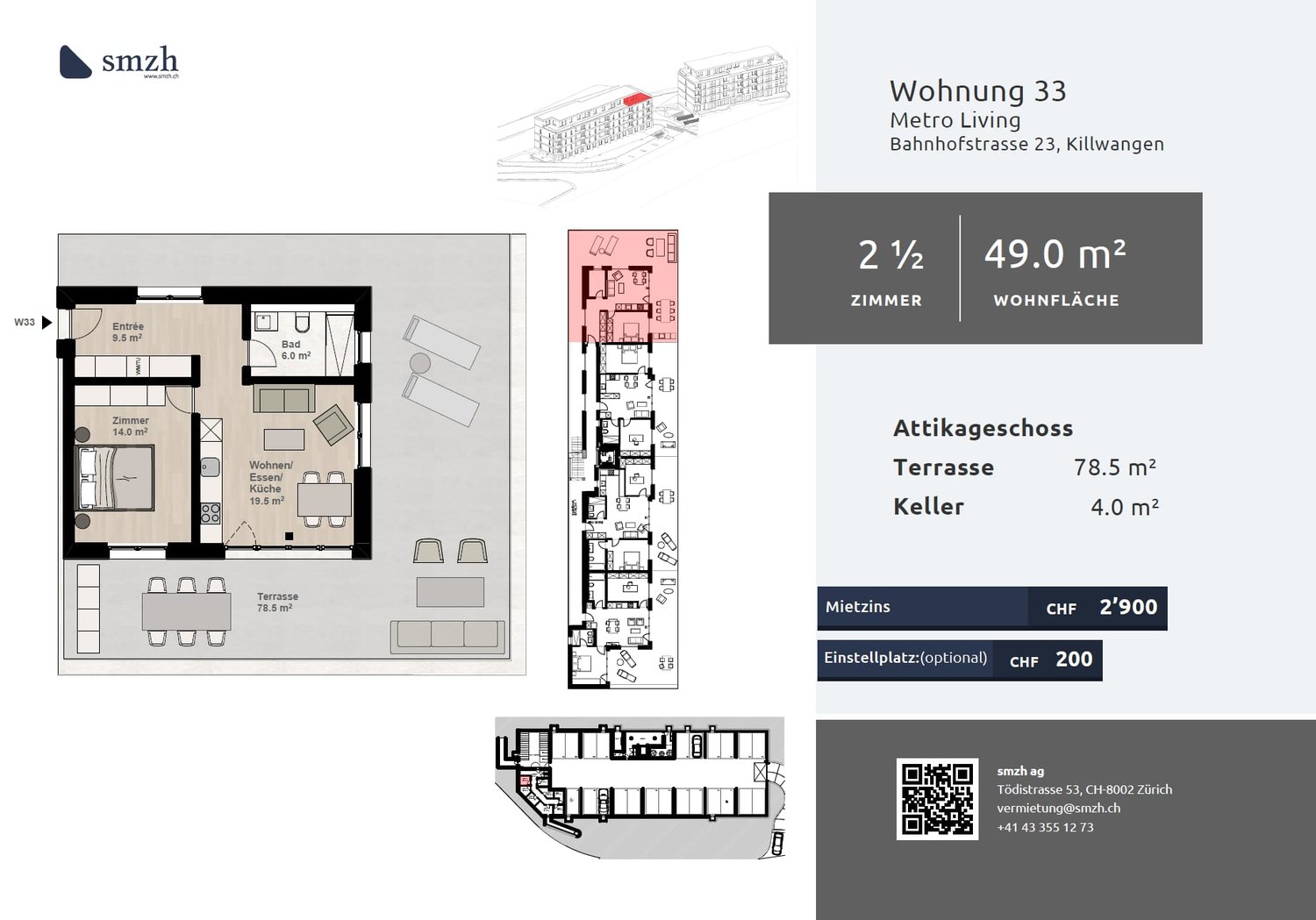 2.5-Zi.-Attika mit 78.5 m² Terrasse - urban wohnen, Killwangen - Bild 2