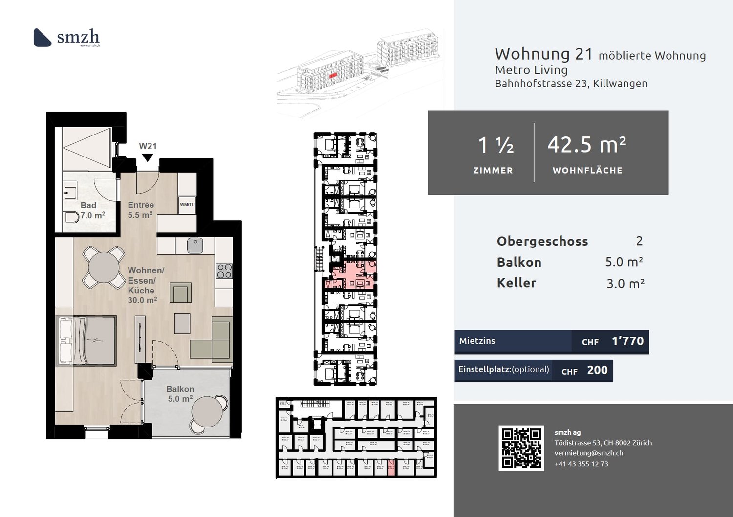 1.5-Zimmer, möbliert, Balkon - direkt am Bahnhof Killwangen - Bild 2
