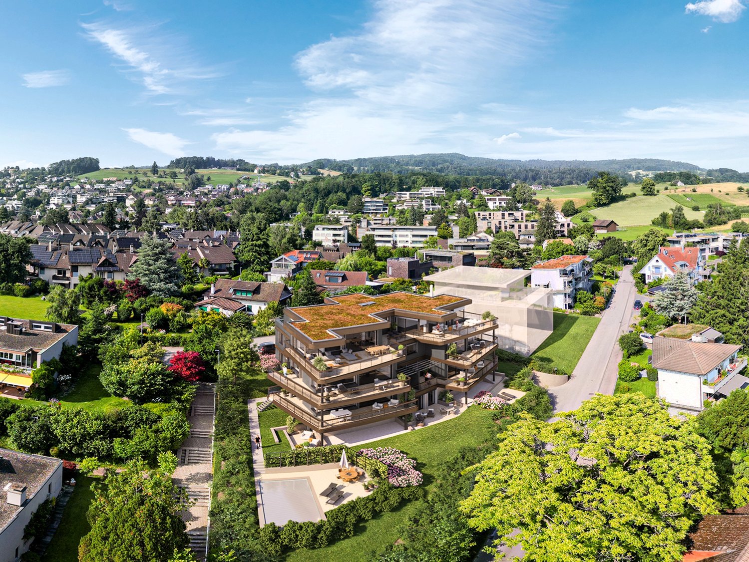 Exklusiver Erstbezug - lichtdurchflutete Gartenwohnung mit Seesicht - Vogelperspektive