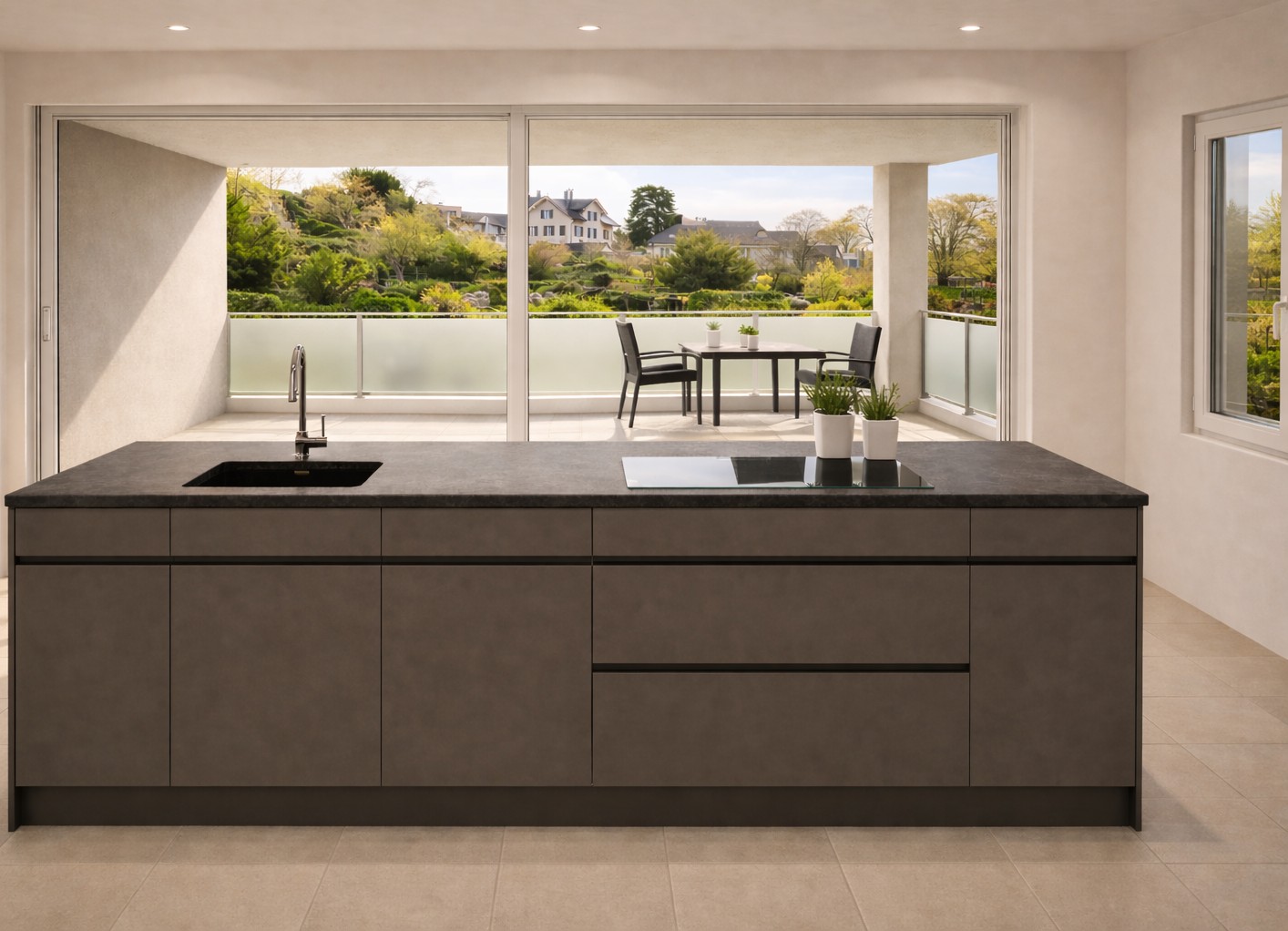 Erstbezug im Eigentumsstandard: 106 m² | 22.8 m² Süd-Balkon | Panorama-Fenster - Offener Wohnbereich mit grosszügiger Kochinsel und direktem Zugang zum sonnigen Balkon