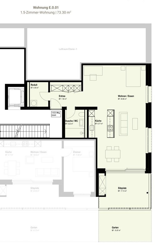 Neu & Zentral - 1.5-Zimmerwohnung mit Gartensitzplatz im Erstbezug - Grundriss E.0.01