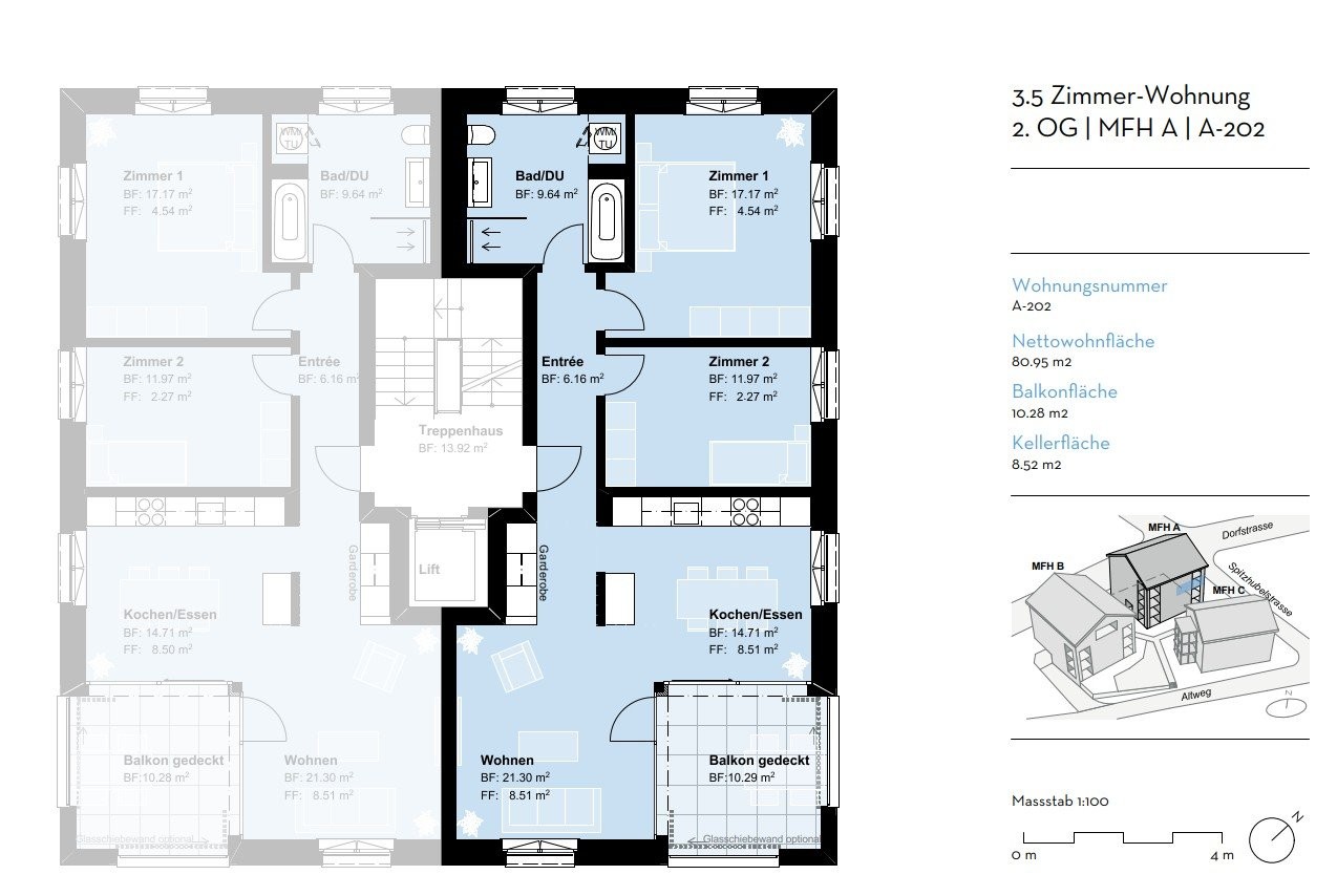 Hochmoderne 3.5-Zimmerwohnung mit Balkon - Grundriss A-202