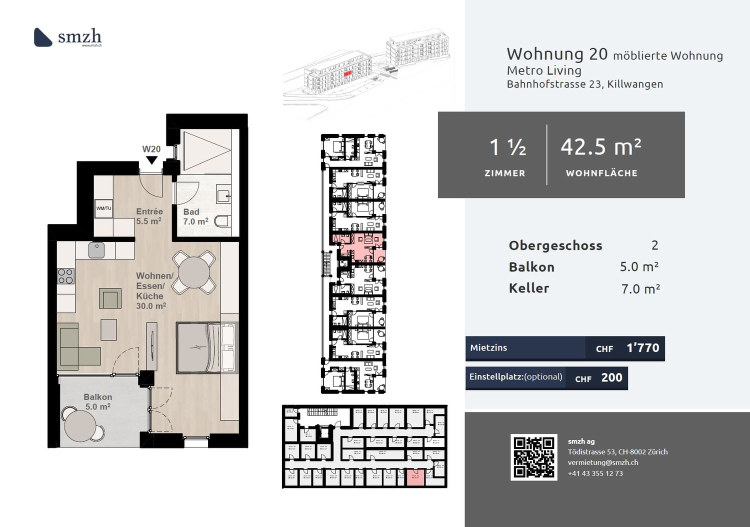 1.5-Zi.-Wohnung möbliert mit Balkon - urban wohnen in Killwangen - Bild 2