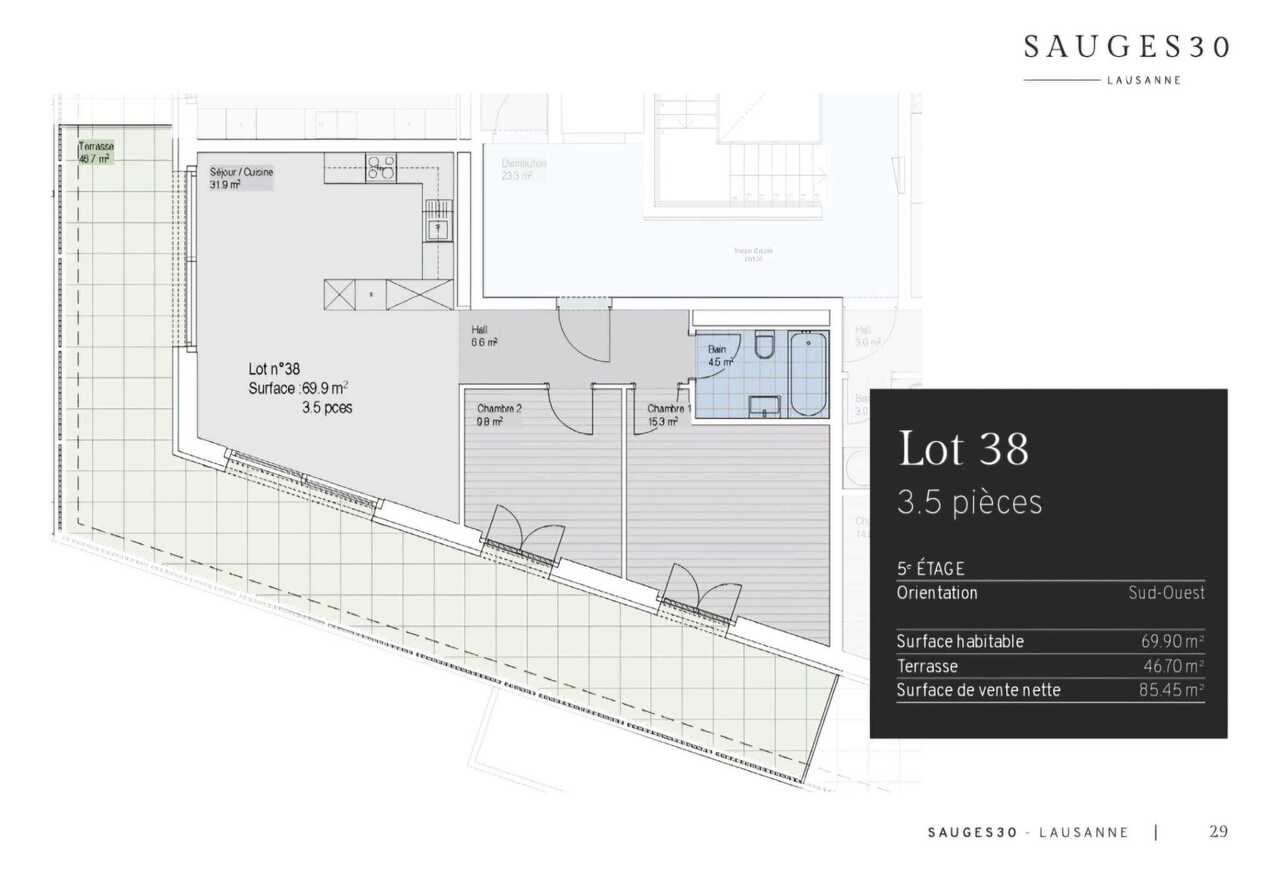 A louer - Appt neuf en attique de 70m2 + terrasse de 47m2 - Plan du logement