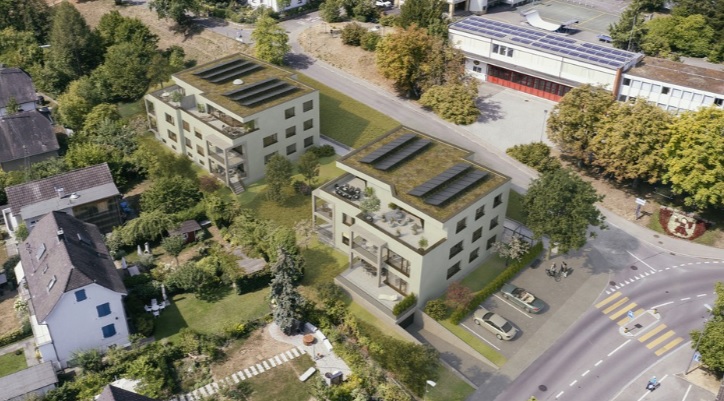 Neubau 2 Mehrfamilienhäuser mit 14 Wohneinheiten - Münchenstein Loogstrasse 4. Luftaufnahme