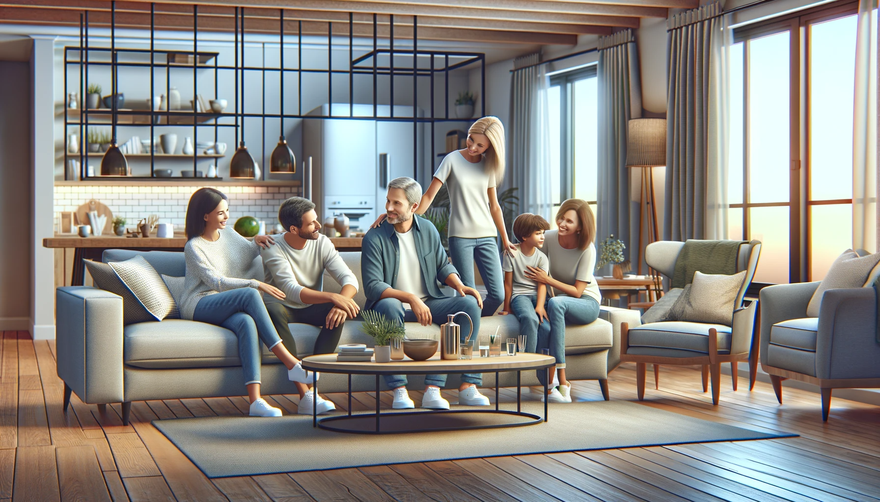 DALL·E 2024-01-24 21.27.17 - Create a wider and less high image in a realistic style, showing a family in the living room of their new home. The family consists of parents in thei