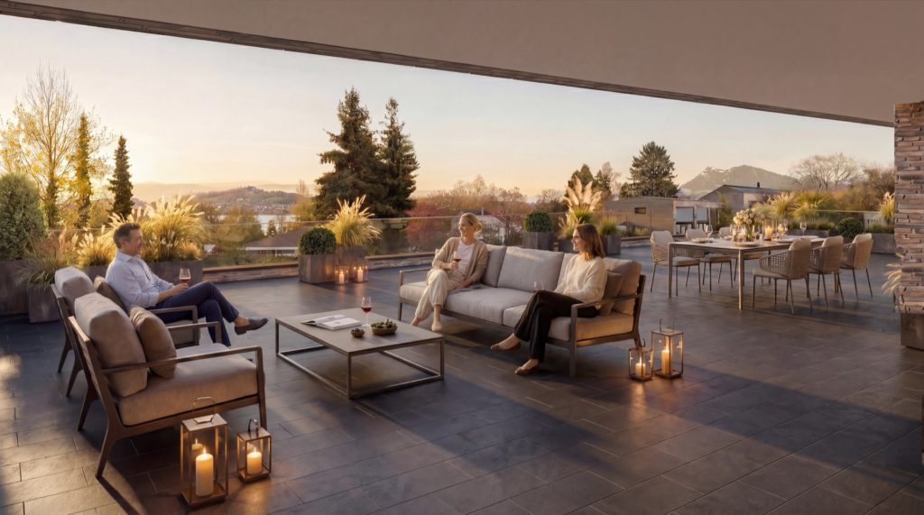 Seelinie 11 – Exklusives Wohnen mit Seeblick - seelinie11-st-niklausen-attika-terrasse-abendlicht