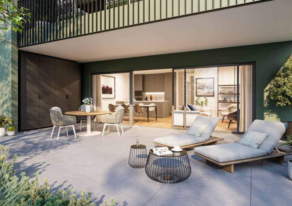 Surbpark – Erstvermietung in Lengnau - Visualisierung Sitzplatz