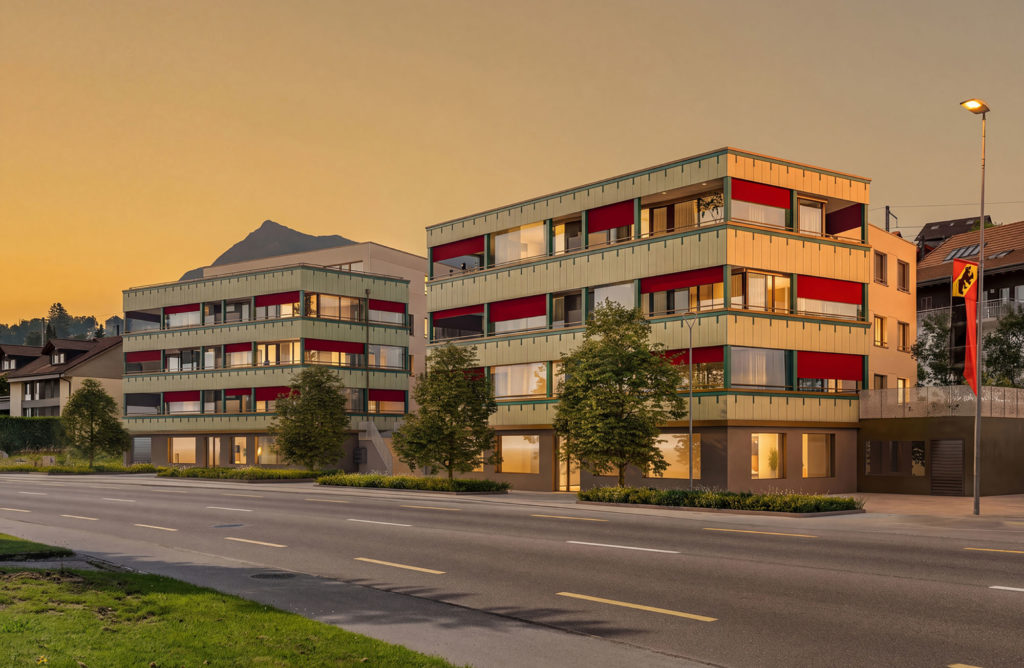 Eigentumswohnungen im Gwatt bei Thun - casa_immobilien_spiezstrasse57-und-59_gwatt_visu-aussen-02_abend