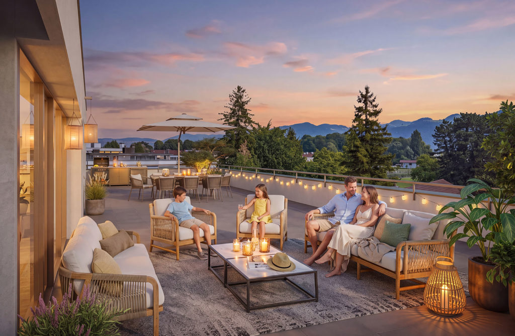 Eigentumswohnungen im Gwatt bei Thun - casa_immobilien_spiezstrasse57-und-59_gwatt_visu-terrasse-01_abend