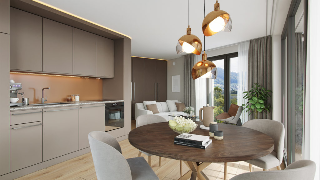 3 Zimmer Wohnung mit hochwertigem Ausbau - Offener Koch- und Wohnbereich mit harmonischem Farb- und Materialkonzept