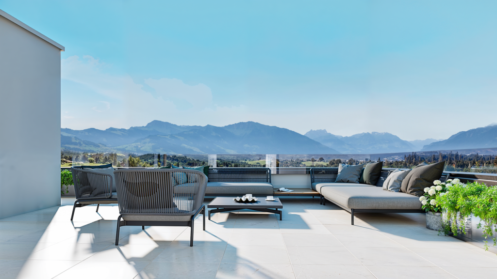 Neubauprojekt Vier-Kronen - 3.5 Zimmerwohnungen - Beispiel-Visualisierung Terrasse