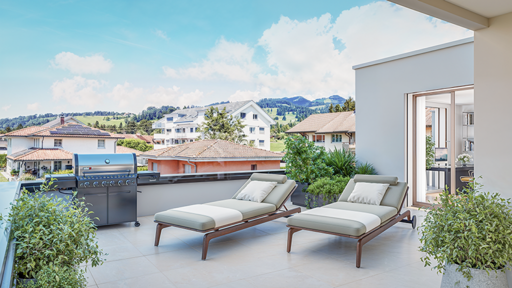 Neubauprojekt Vier-Kronen - 4.5 Zimmerwohnungen - Beispiel-Visualisierung Terrasse